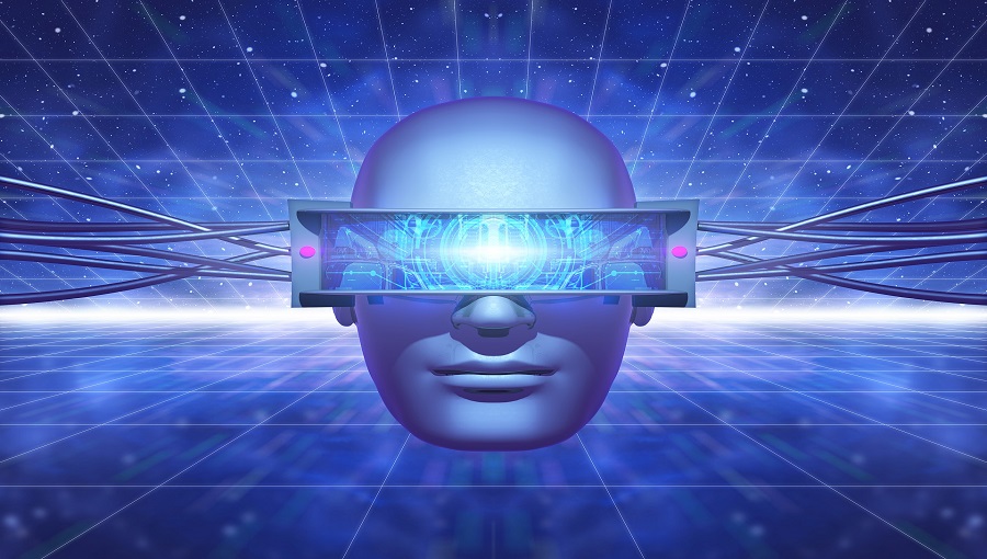 robot kábelekkel és VR szemüveggel a fején